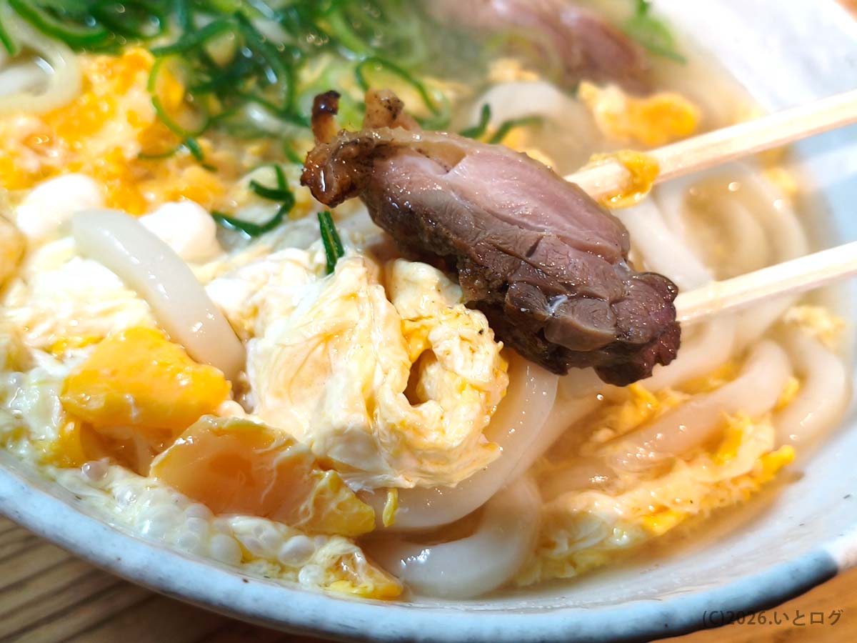 弥太郎うどんの卵とじうどんにかしわを合わせた一杯。福岡市で24時間味わえる、飲み後にも染みるうどん