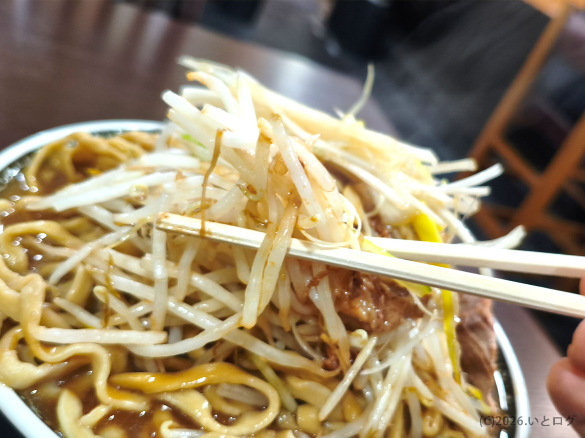 箸で持ち上げた太宰食堂の白髪ネギ。ラーメン全体のボリューム感を象徴する山盛りの具材