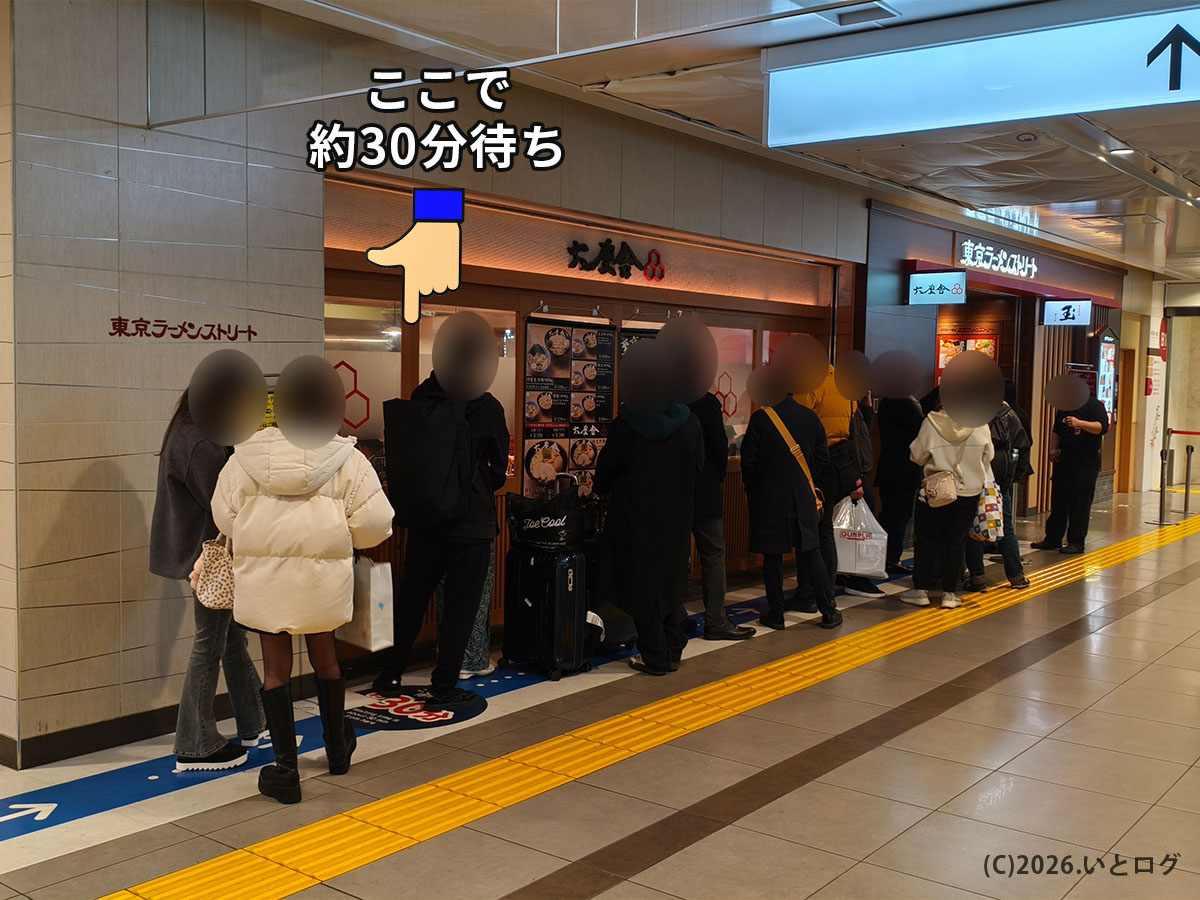 六厘舎 東京駅東京ラーメンストリート店の行列の様子。土日は1時間以上の待ちになることもある