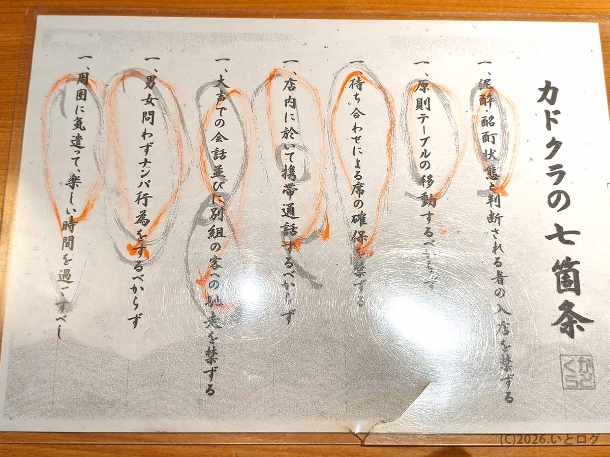 立飲みカドクラに掲示された七箇条 上野の立ち飲み文化らしいルール説明