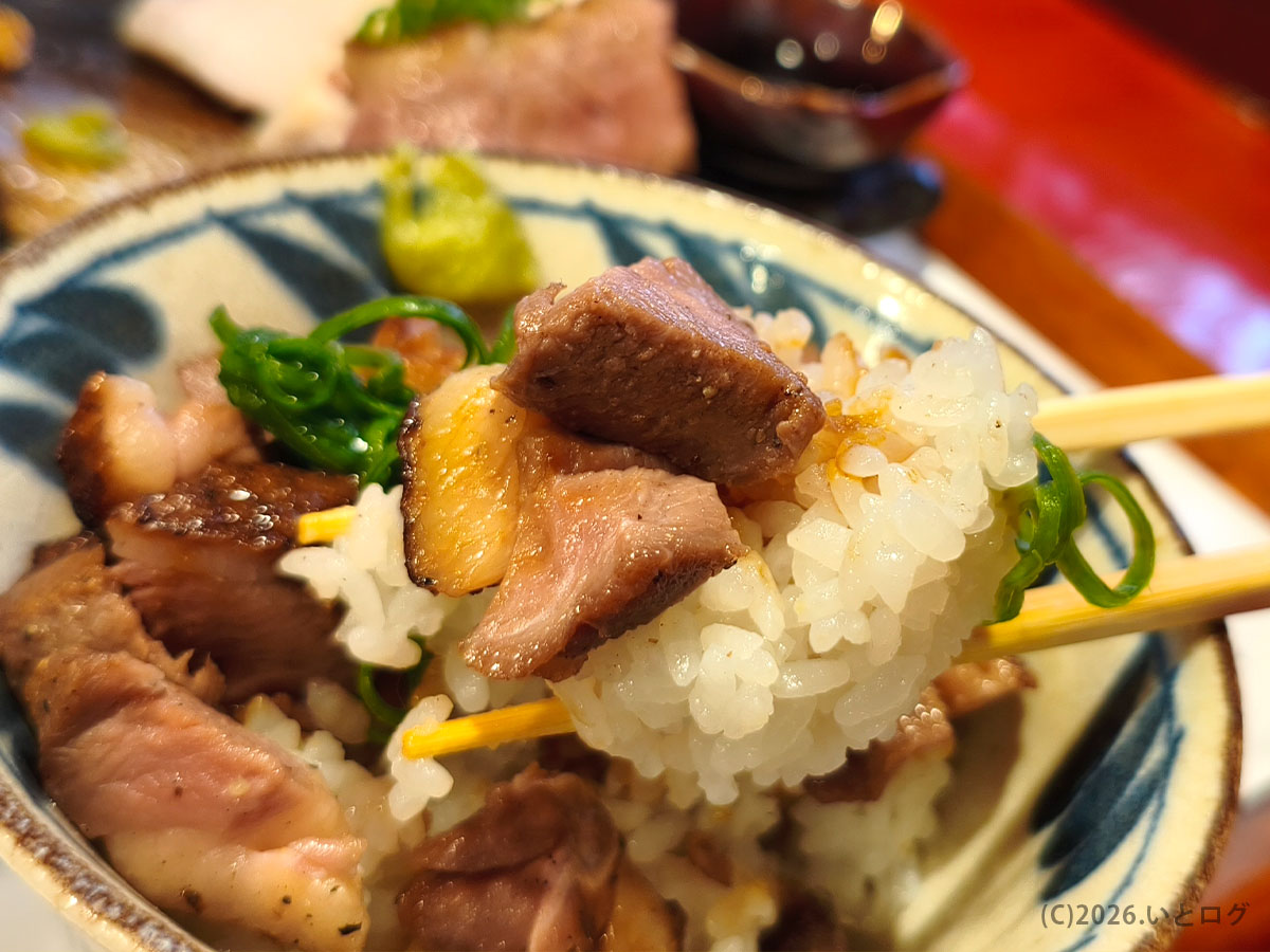 中華そば 鴨福で人気の鴨丼を一口分すくったアップ写真