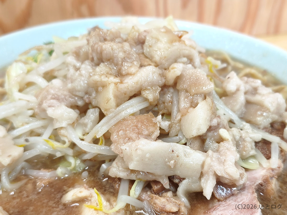 龍麺 ふえ郎 支店 ラーメン。もやし山盛りと背脂が浮かぶスープ、笛吹市 二郎系の一杯（山梨 ラーメン 人気）