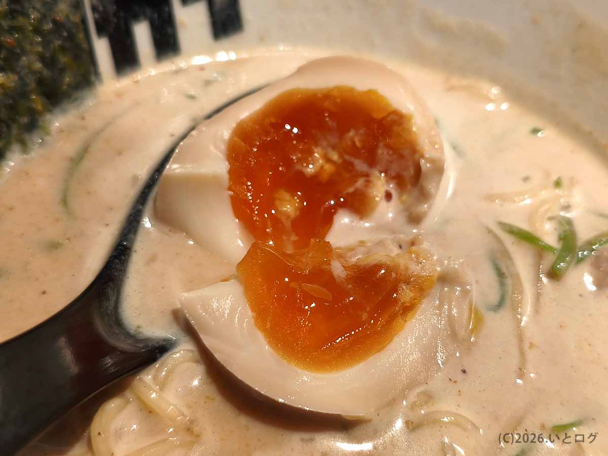 らぁめんトリカヂイッパイの鶏白湯らぁめんに入った半熟味玉