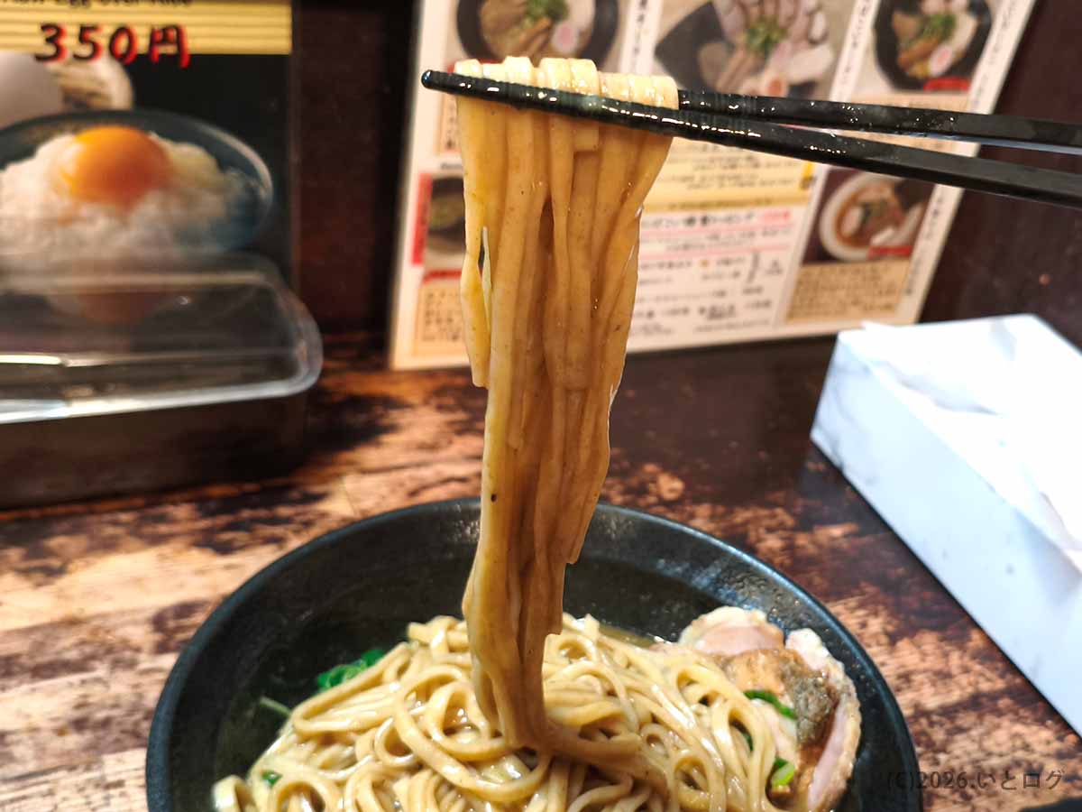 奈良市のにぼしこいしで選んだ太麺を濃厚煮干しスープから持ち上げる