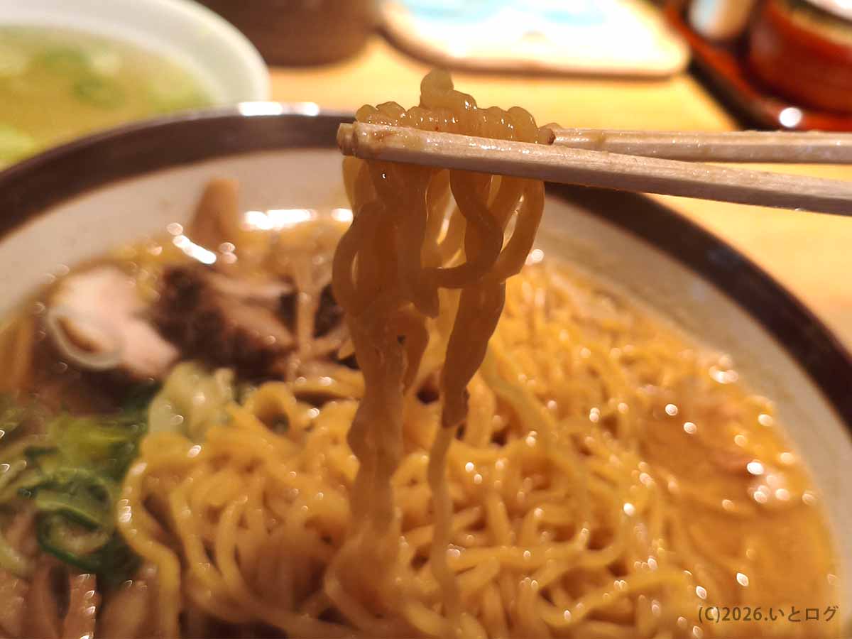 すみれ 横浜店の味噌ラーメンのちぢれ麺。濃厚な札幌味噌スープをしっかり持ち上げる黄色い麺