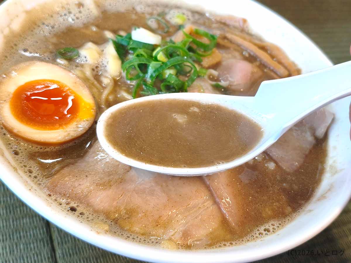 香川の伊吹いりこセンターで味わう濃厚いりこラーメン。レンゲにすくった灰褐色のスープから煮干しの旨味が伝わる