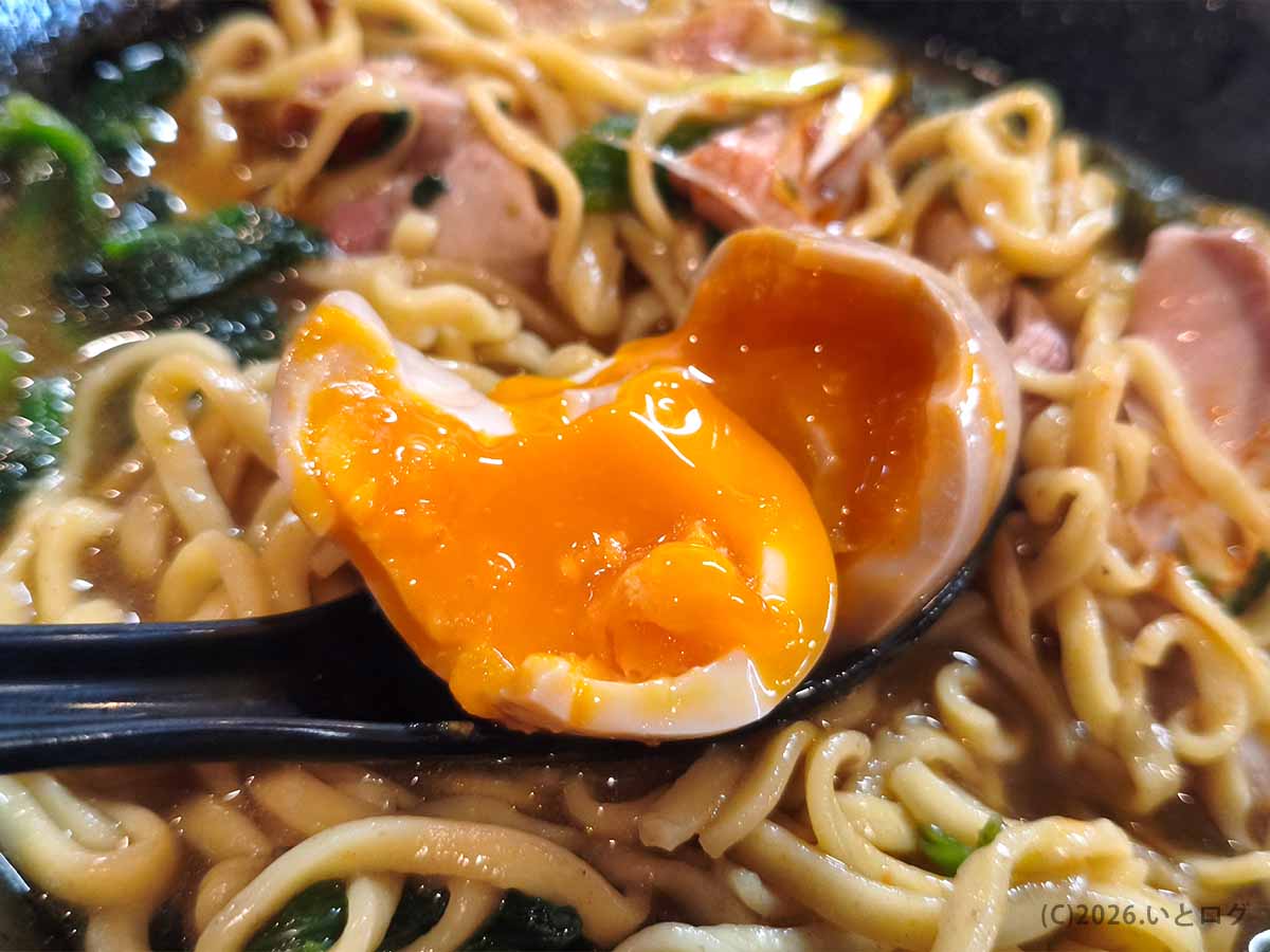 高松家のラーメンにトッピングされた味玉。黄身がとろりと流れる濃厚な半熟玉子