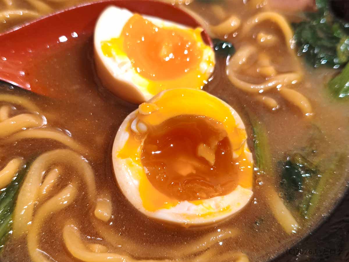 とらきち家の豚骨醤油ラーメンに入った、黄身がとろりと流れる半熟の味付け玉子
