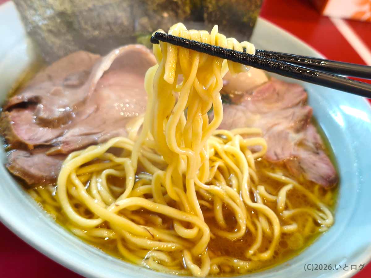 たま家 多摩本店の豚骨醤油スープをまとったモチモチ食感の中太麺
