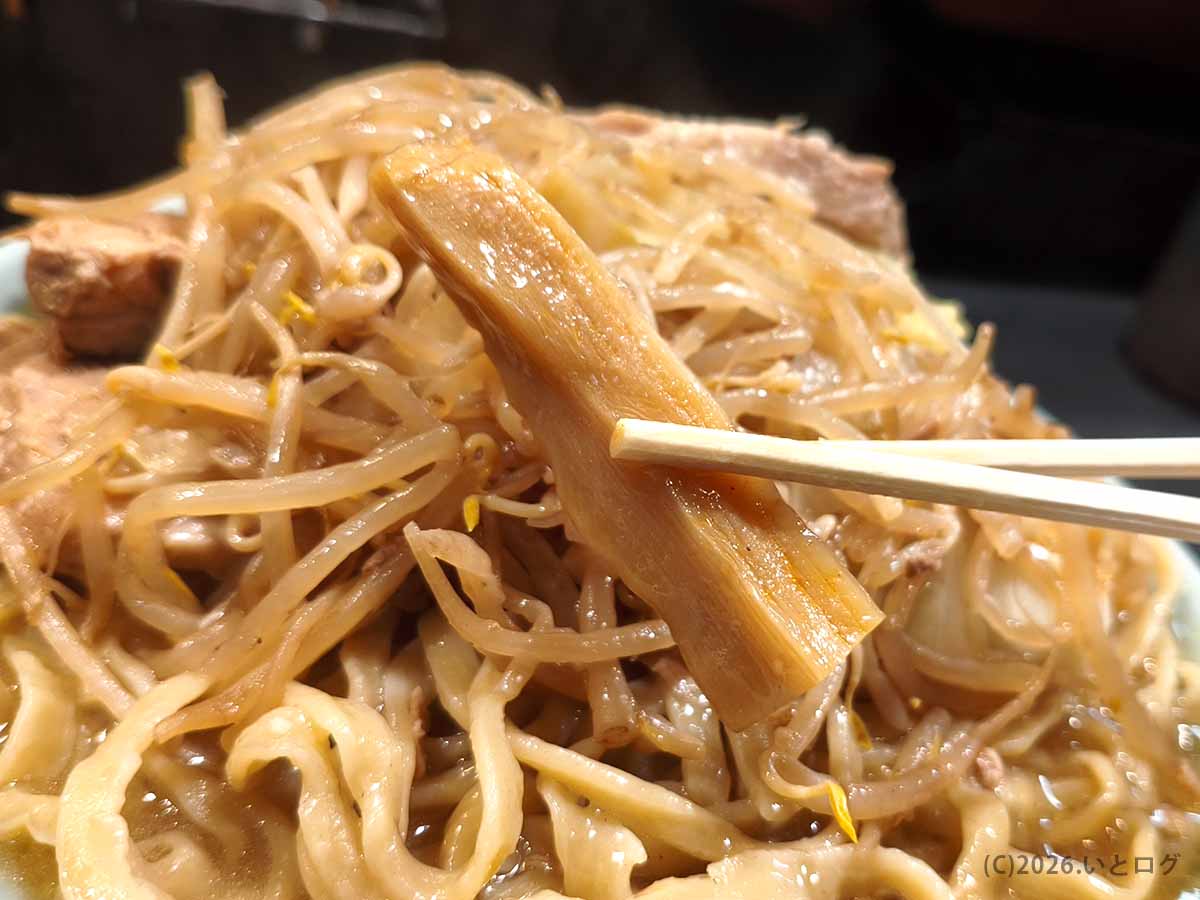 自家製麺No11大山のラーメンに入った、醤油色のスープをまとった太く長いメンマ