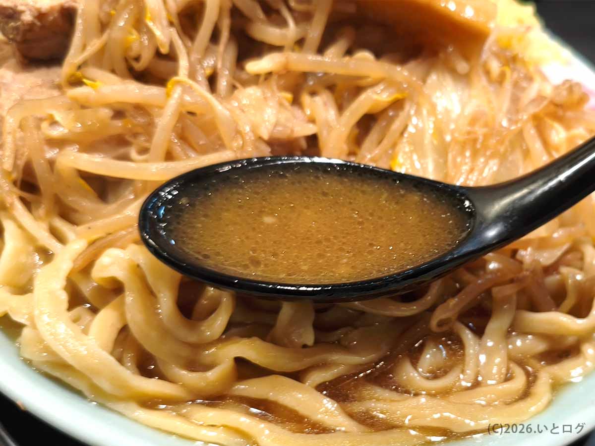 自家製麺No11のラーメンからレンゲですくった、豚の旨味と醤油の色合いが伝わる豚骨醤油スープ