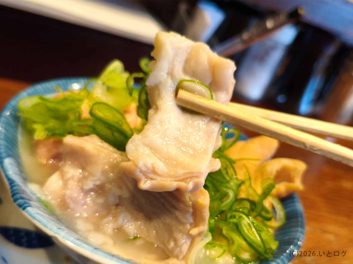 もつ焼き処 美の田で、やわらかく煮込まれたもつを箸で持ち上げた様子