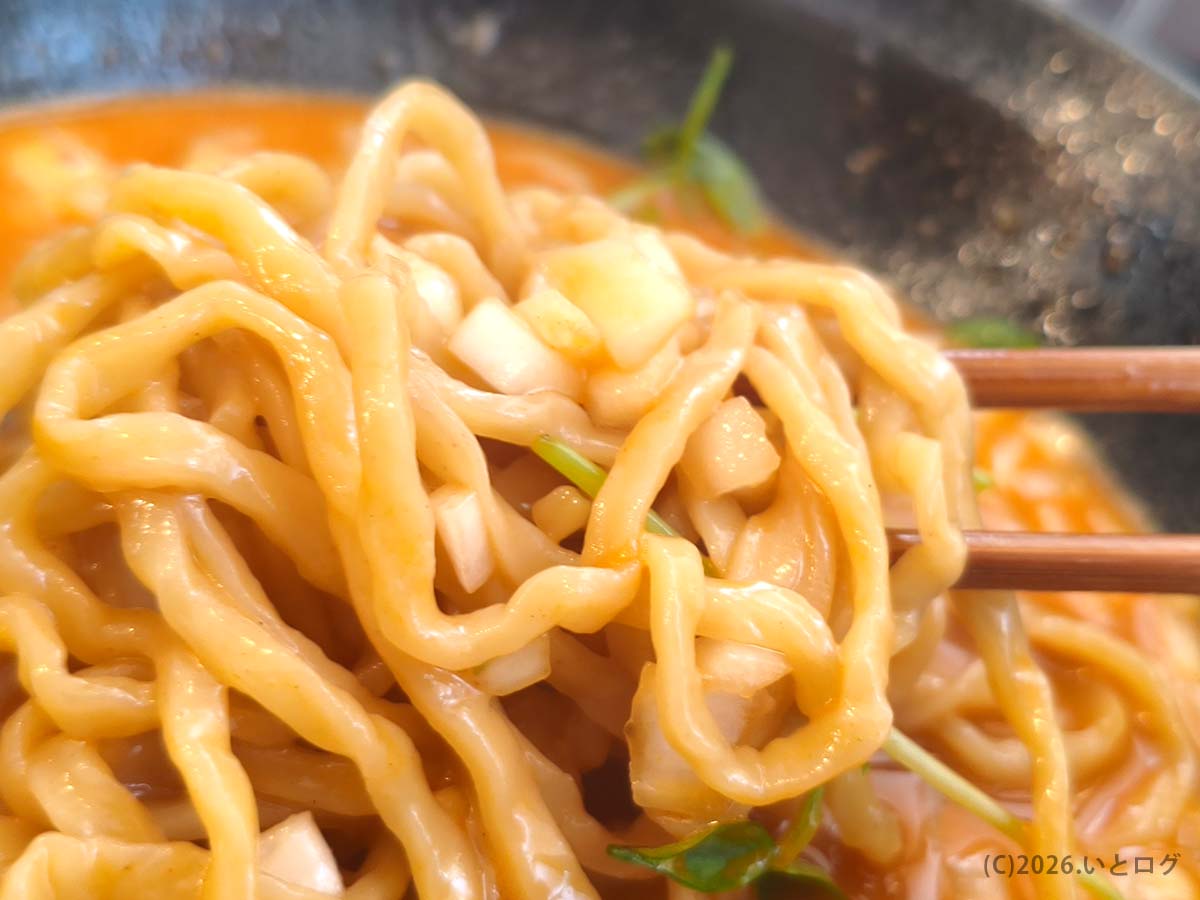 中華 そば 蘭 甲府で提供される手揉み感ある麺。濃厚スープとよく絡む一杯