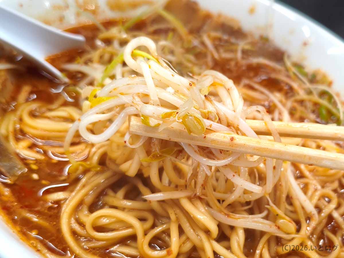 竜宮ラーメンの激辛ねぎみそラーメンにたっぷり盛られたもやしとねぎ