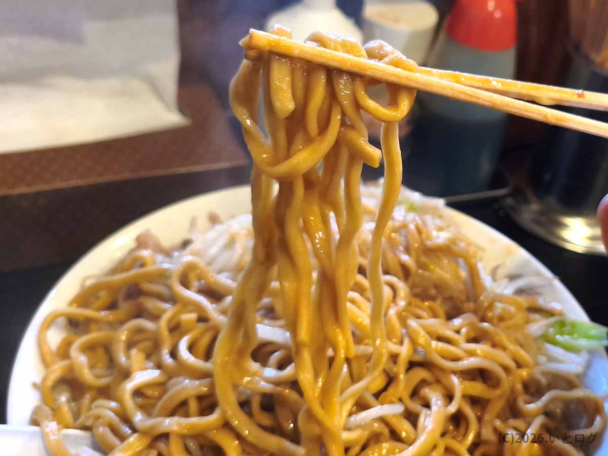 松本市の二郎系ラーメン店「麺とび六方 松本本店」で提供されるラーメンの麺上げ写真。濃い色をまとったワシワシ系の極太麺。