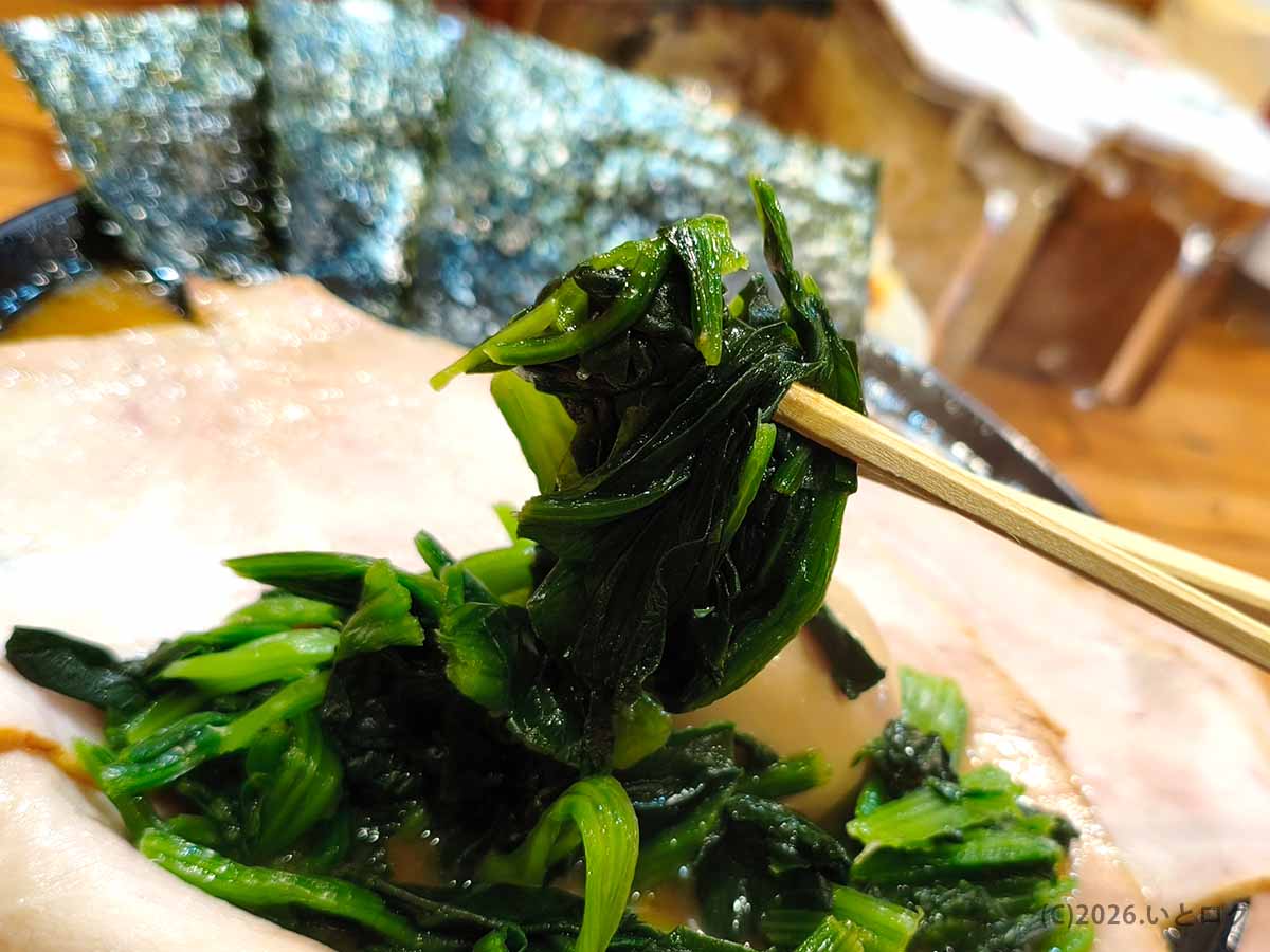 富山家ラーメンにのったほうれん草。濃厚な家系スープをまとった青菜が、王道家系ラーメンらしい一杯を引き立てている。