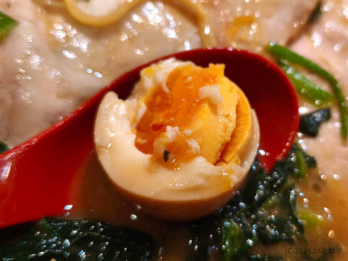 王道乃印 富山家のラーメンにのった味玉。濃厚な家系スープに浸かった半熟玉子で、富山家ラーメンのトッピングとして存在感がある。