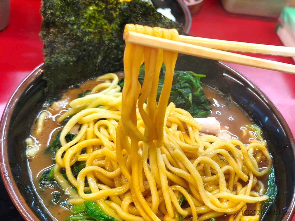 王道家 柏店の豚骨醤油スープに絡む、太めでもっちりとした自家製麺