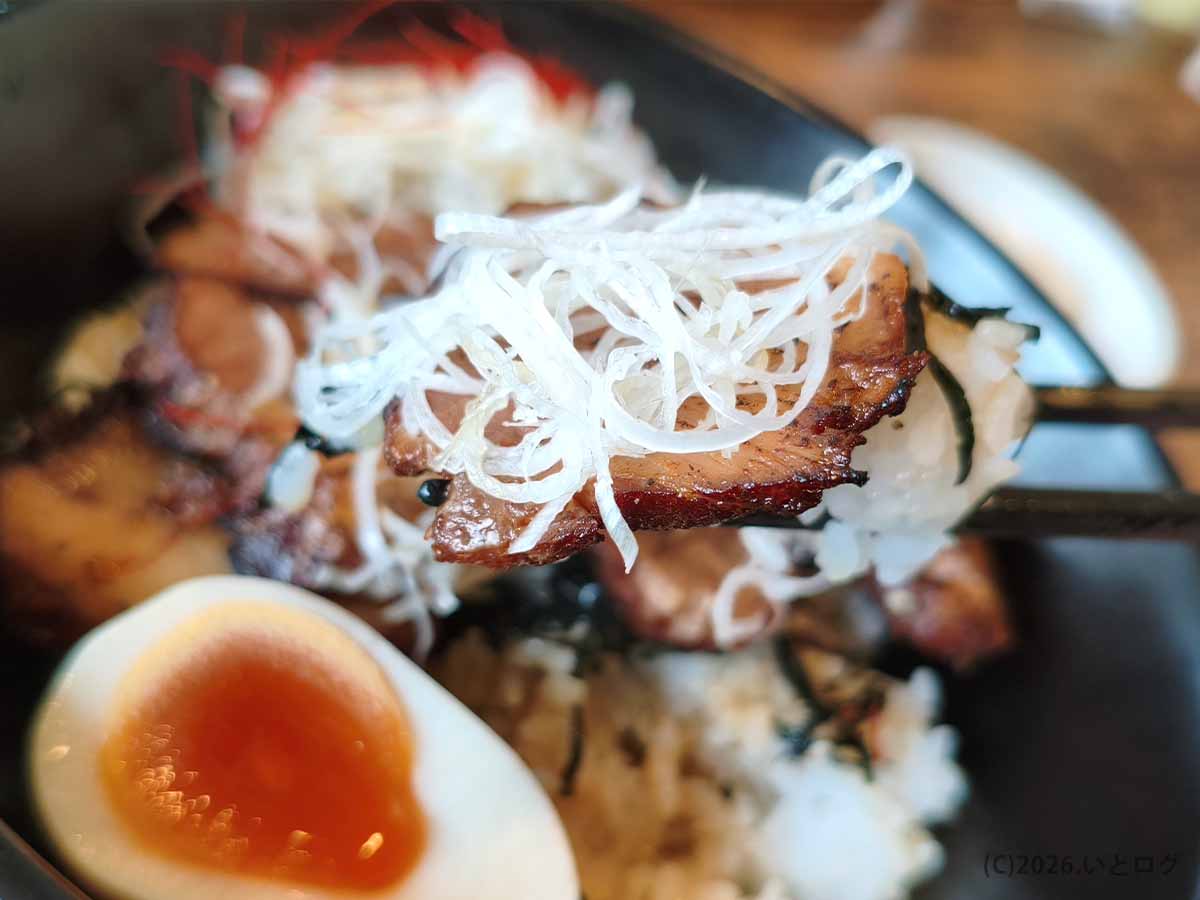 甲府の上田屋名物「焼きもつ」を、ライスや味玉、白髪ねぎと一緒に味わう様子