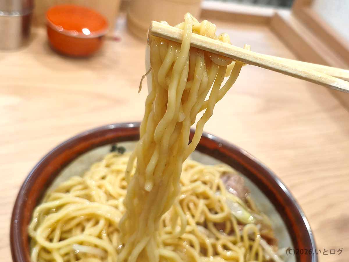 初志貫徹 甲斐竜王店の濃厚な味噌スープをまとった、黄色みのある縮れ麺を箸で持ち上げた様子