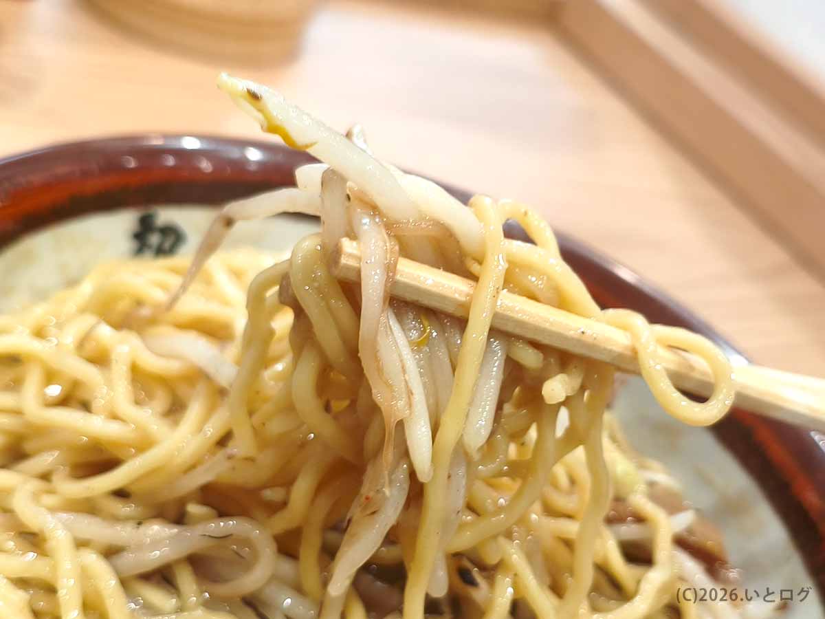 初志貫徹 甲斐竜王店のチャーシューみそで、濃厚な味噌スープをまとった縮れ麺と炒めもやしを箸で持ち上げた様子