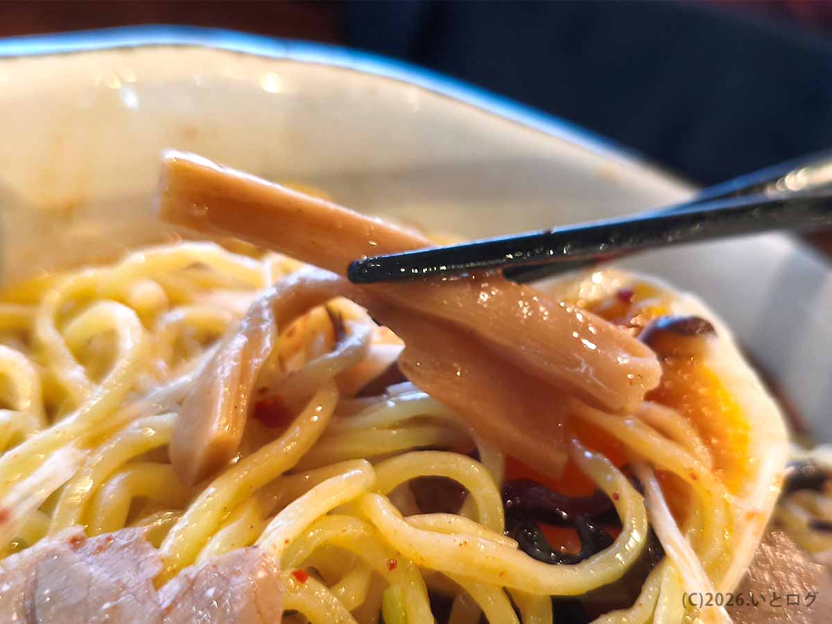 長岡「いち井」の塩ラーメンに入った太めのメンマ