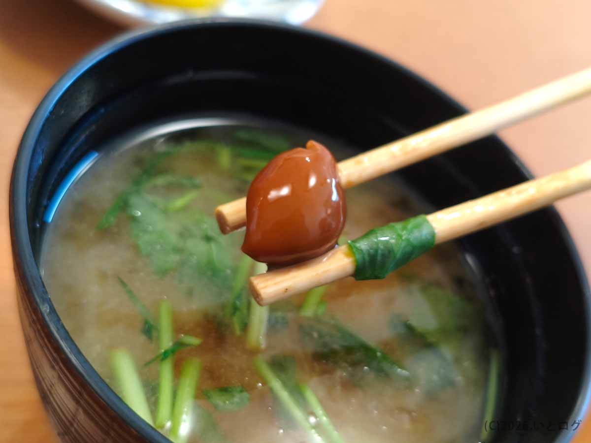 帯広の豚丼専門店ぱんちょうのメニューにあるなめこ椀。なめこと青菜が入った味噌汁から具材を箸で持ち上げた様子。