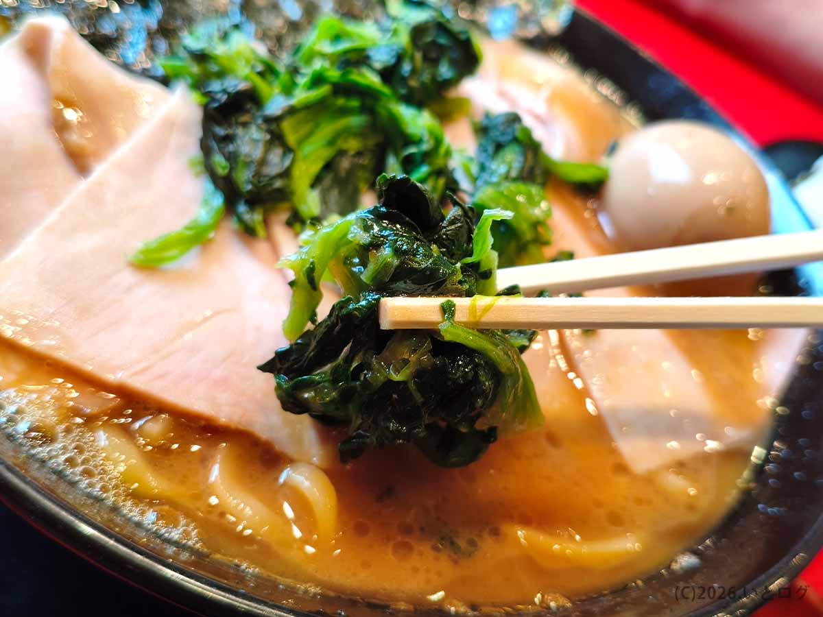 王道乃印 天神家のラーメンにトッピングされたスープを吸ったたっぷりのほうれん草