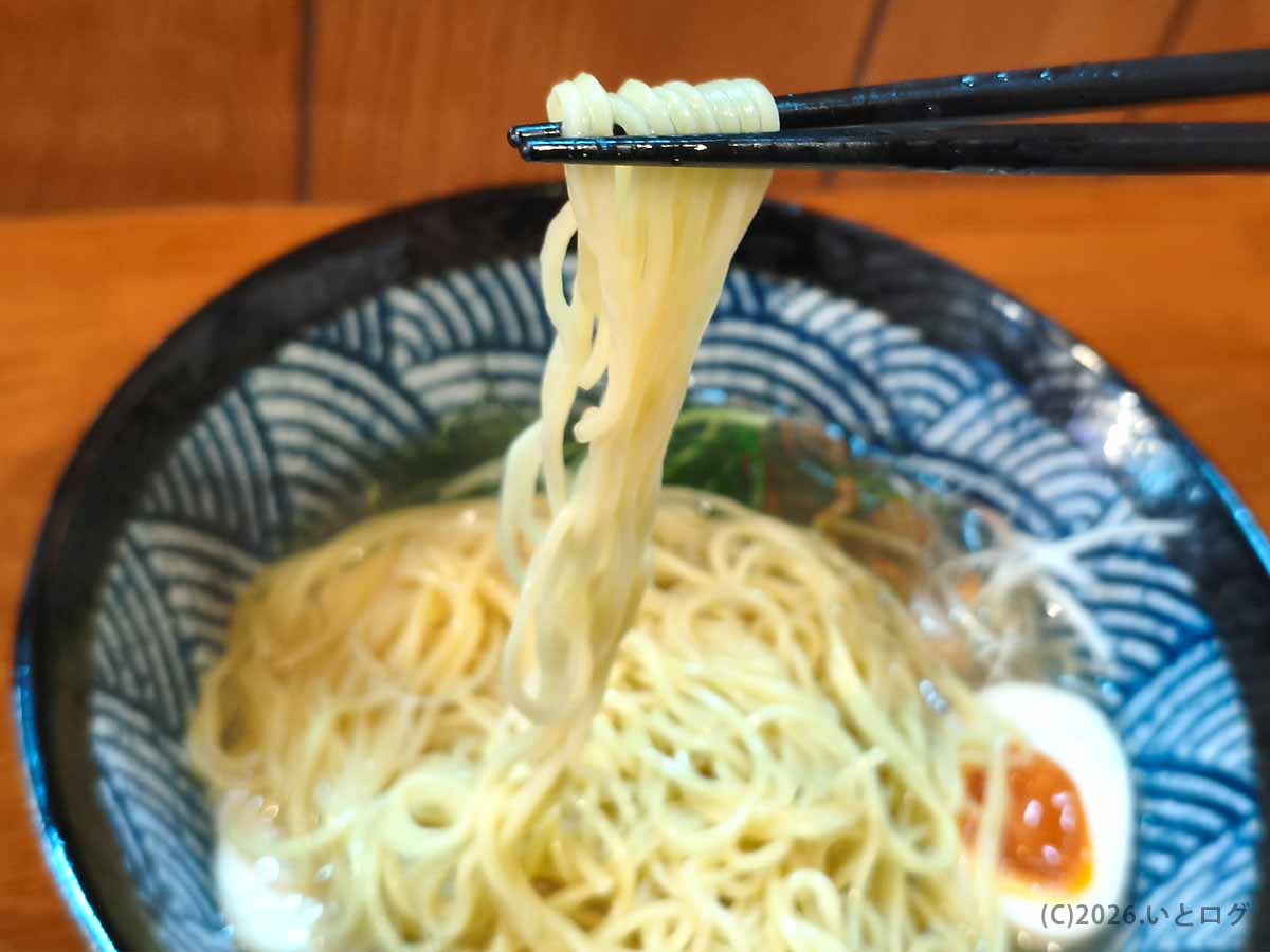 鶏出汁中華そば 暁月の塩ラーメンから持ち上げた、しなやかな細麺