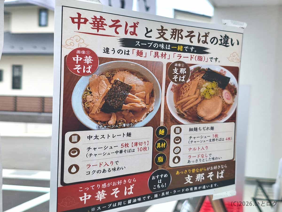 つけそば七福で案内されている中華そばと支那そばの麺・具材・ラードの違い