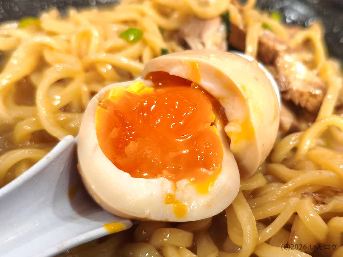 横浜家系ラーメン巣鴨家の味付玉子を半分に割った写真。オレンジ色の半熟黄身と太麺をアップで撮影