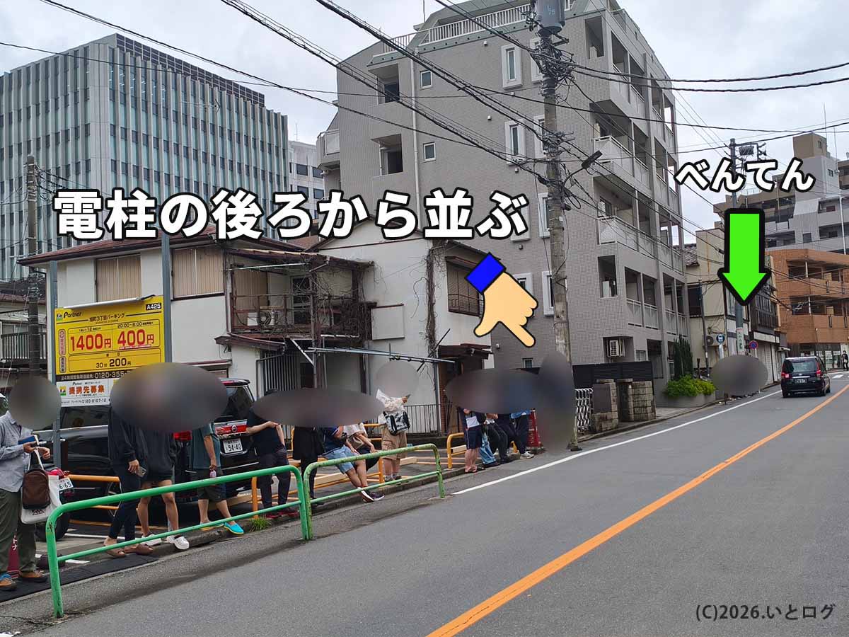 べんてん成増の行列の並び方。店舗から離れた電柱の後方に待機列が続き、道路沿いに多くの客が並んでいる様子