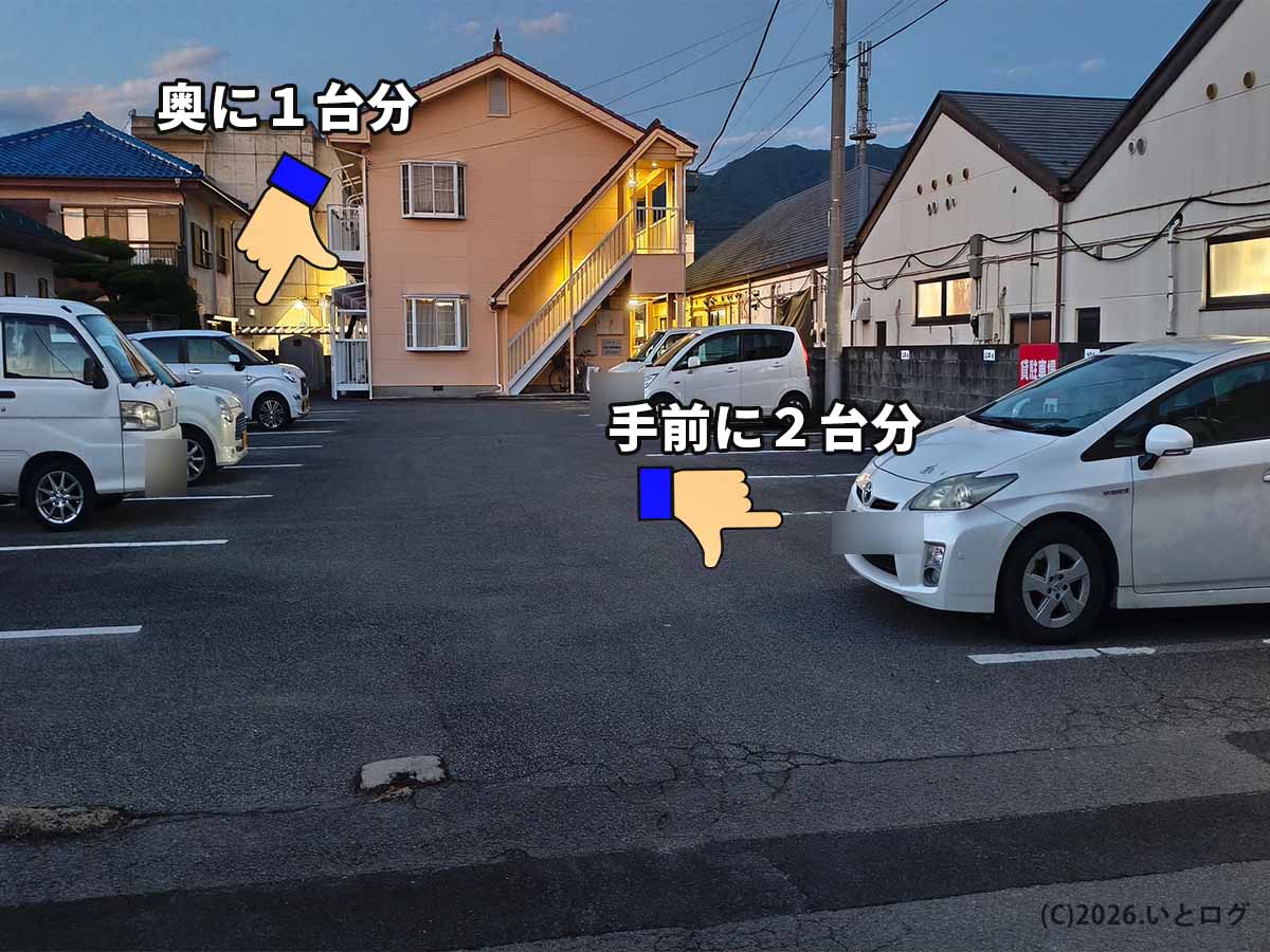 あぶらギルドの第2駐車場の現地写真。甲府市朝気の店舗左側にある駐車場で、手前の2台分と奥の1台分の指定区画を示している。
