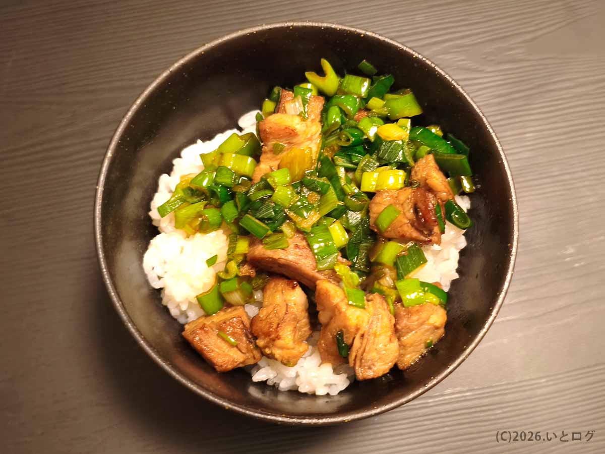 あぶらギルドで注文した400円のチャーシュー丼。白米の上に角切りチャーシューとたっぷりの青ネギが盛り付けられたサイドメニュー。