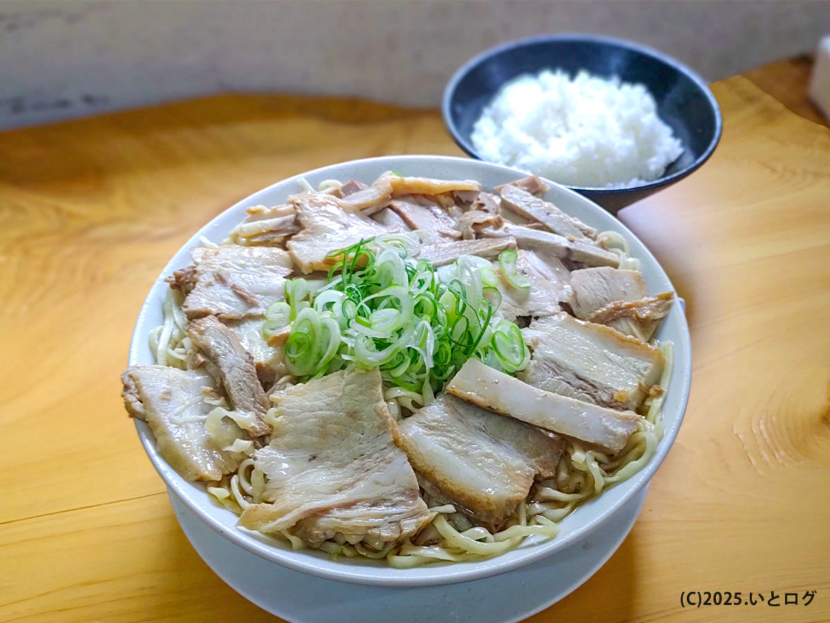 中華そば あざみ 大岩本店で提供される肉中華（並）。平打ち麺にたっぷりのチャーシューが盛られた富山ラーメンらしい一杯で、ネギの彩りと醤油スープが食欲を誘う。