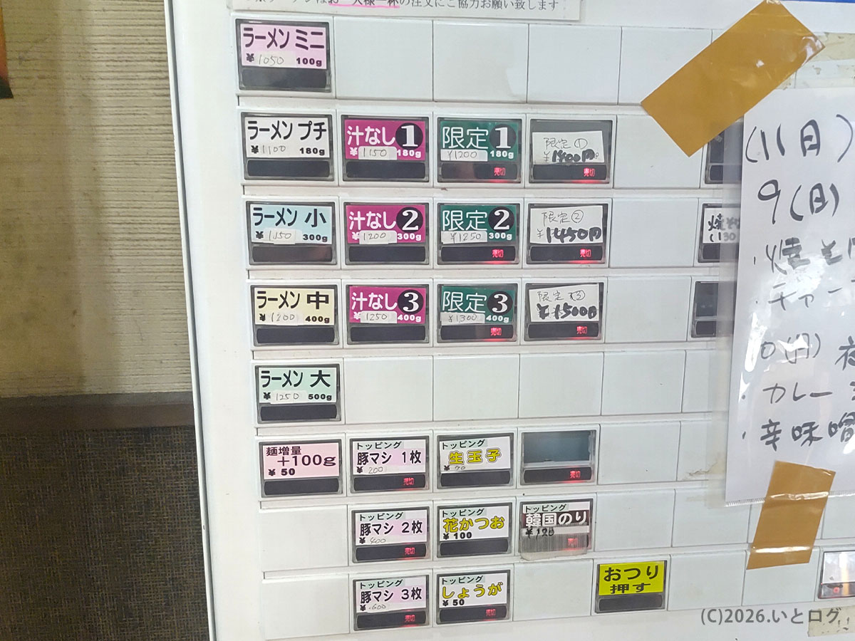 ラーメン池田屋 福井 メニューの券売機。ラーメン小・中・大や汁なしなどのメニューと値段
