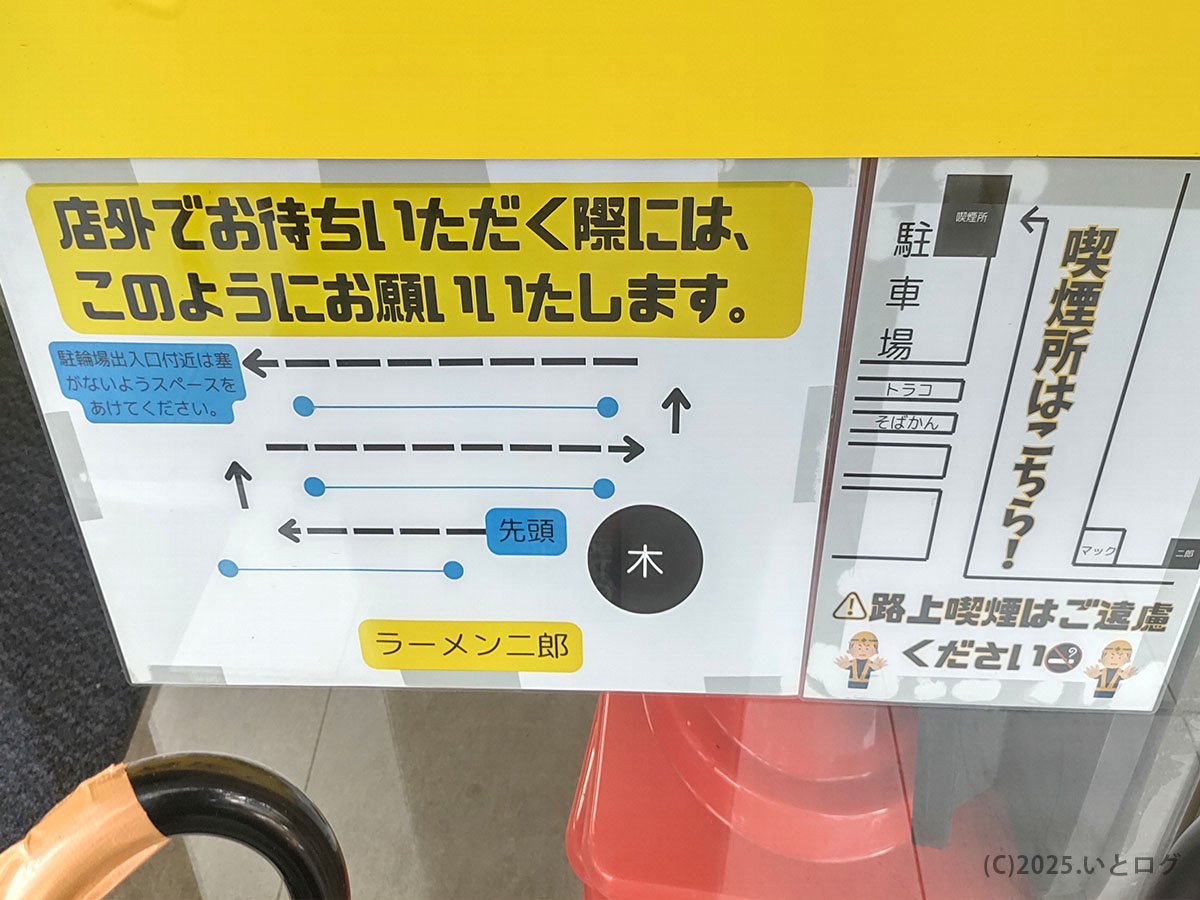 ラーメン二郎仙台店2の店外並び方案内。駐車場側に迷惑がかからないように並ぶルールが記載。二郎 仙台 並び方のガイド