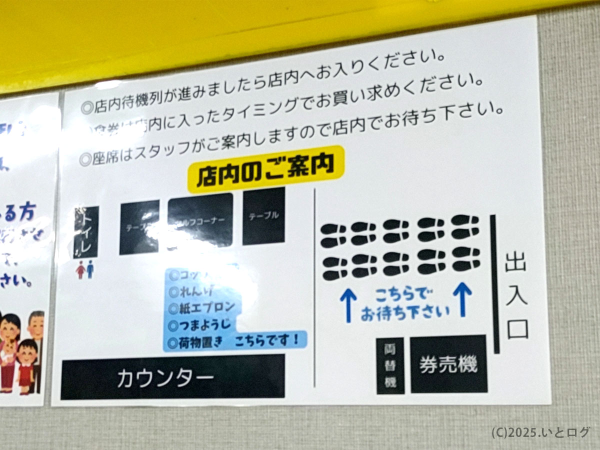 ラーメン二郎仙台店2の店内待機ルール案内。券売機横で順番を待ち、スタッフ案内後に着席する方式。二郎 仙台 ルールの掲示