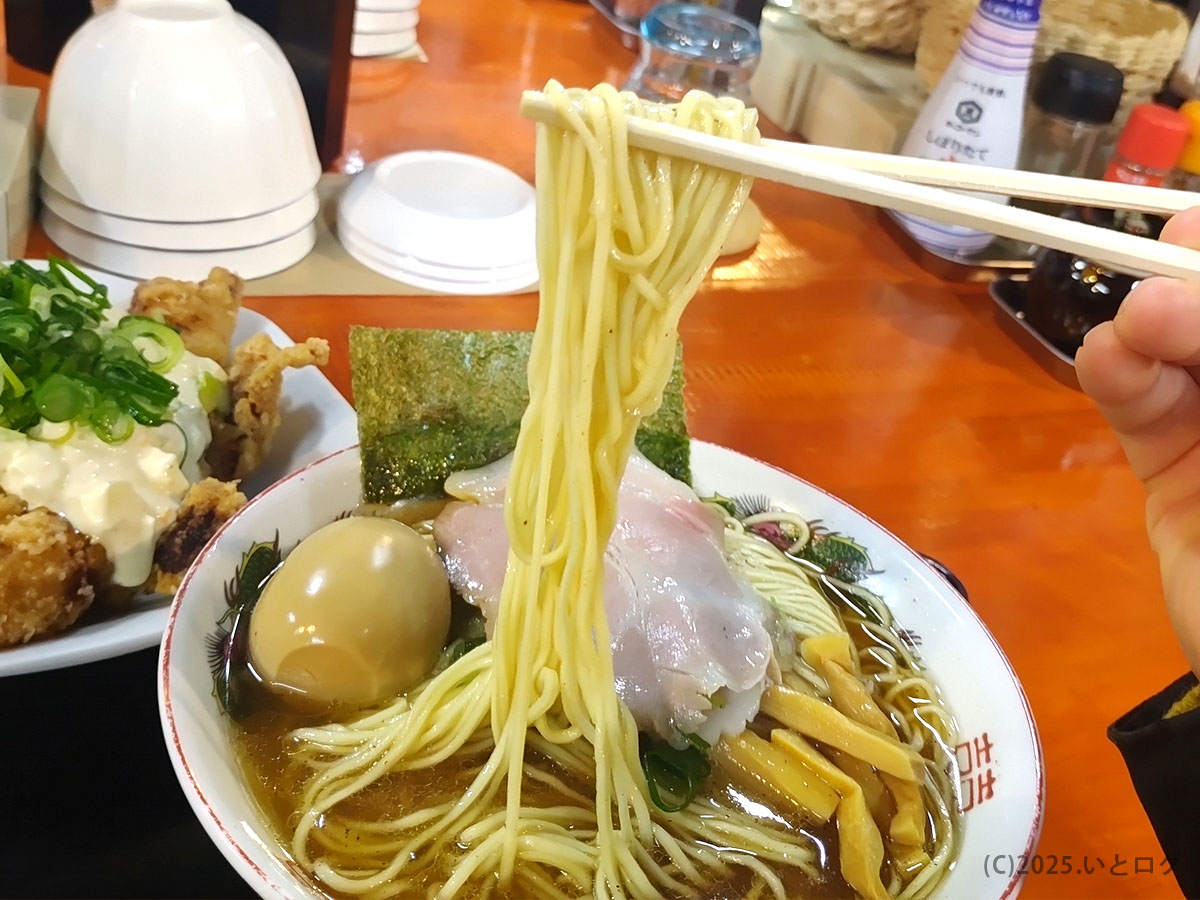 箸から流れるように持ち上がるストレート細麺。まぐちゃんラーメン クチコミで “啜り心地抜群” と評される軽快さを感じさせる瞬間。