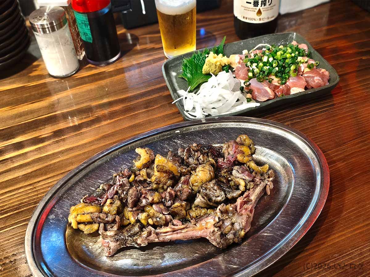 丸万焼鳥 支店で注文した炭火香る骨付きもも焼きと、ねぎや玉ねぎを添えた鳥刺し