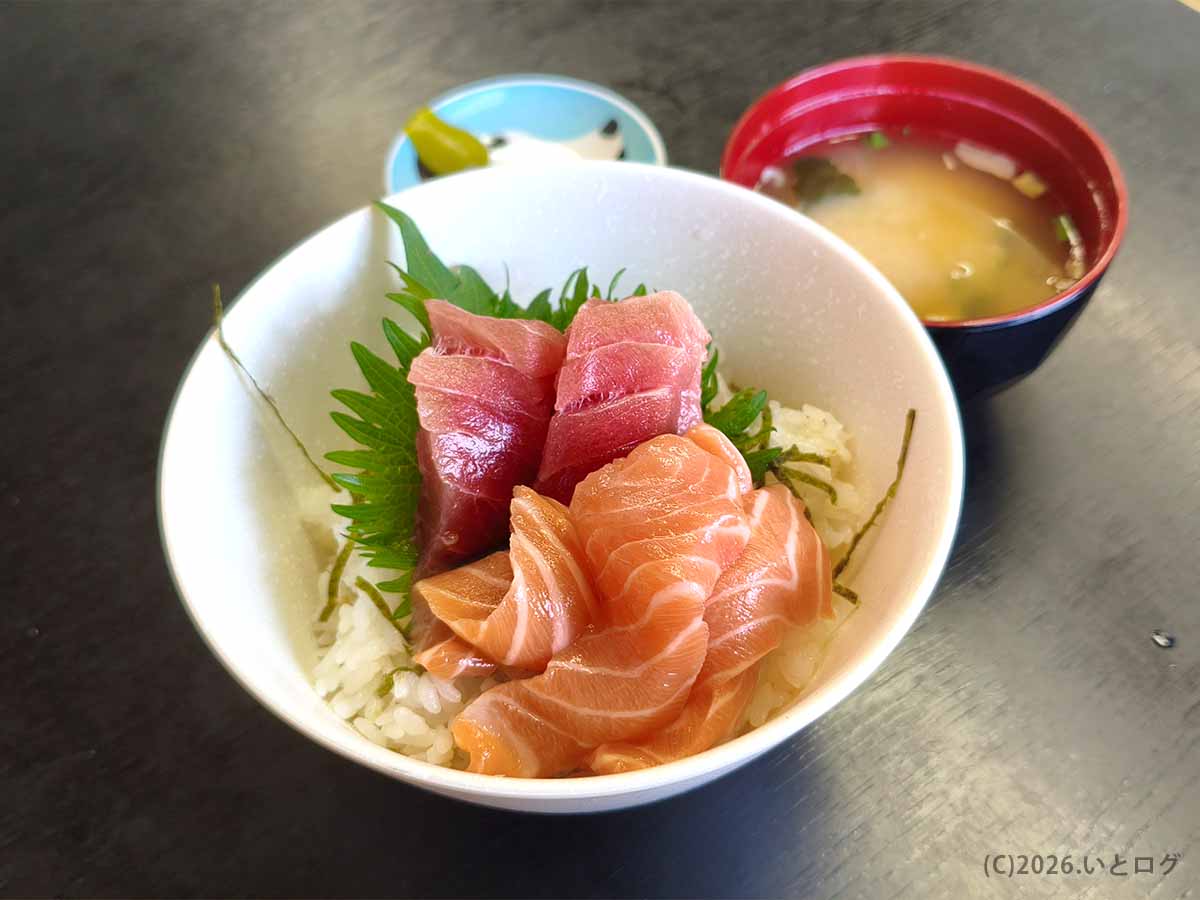 セットで注文できるミニサイズのマグロサーモン丼。ご飯の上に大ぶりのマグロとサーモンの刺身、大葉、刻み海苔が乗り、味噌汁がセットになっている様子。