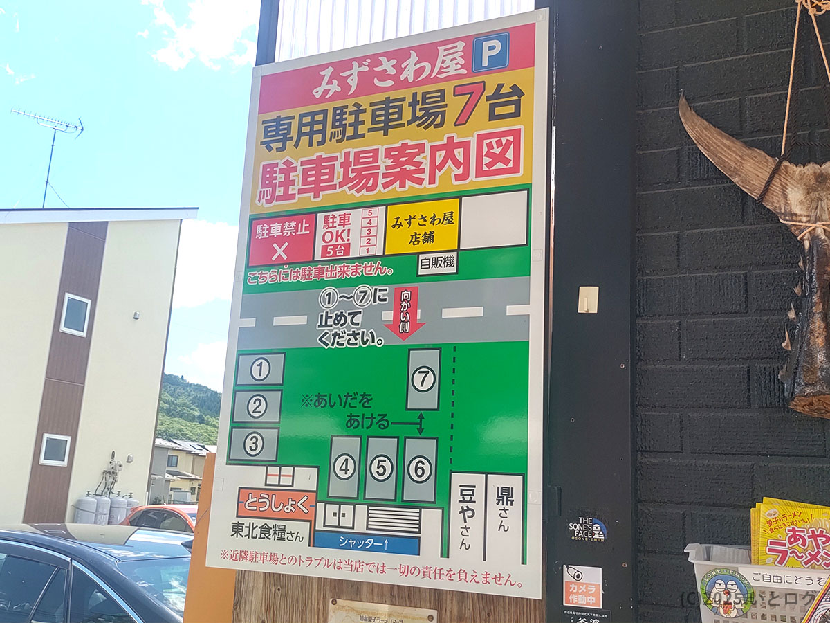 みずさわ屋の専用駐車場案内図。店舗向かいに7台分の駐車スペースを完備し、仙台・愛子方面からのアクセスにも便利な立地。