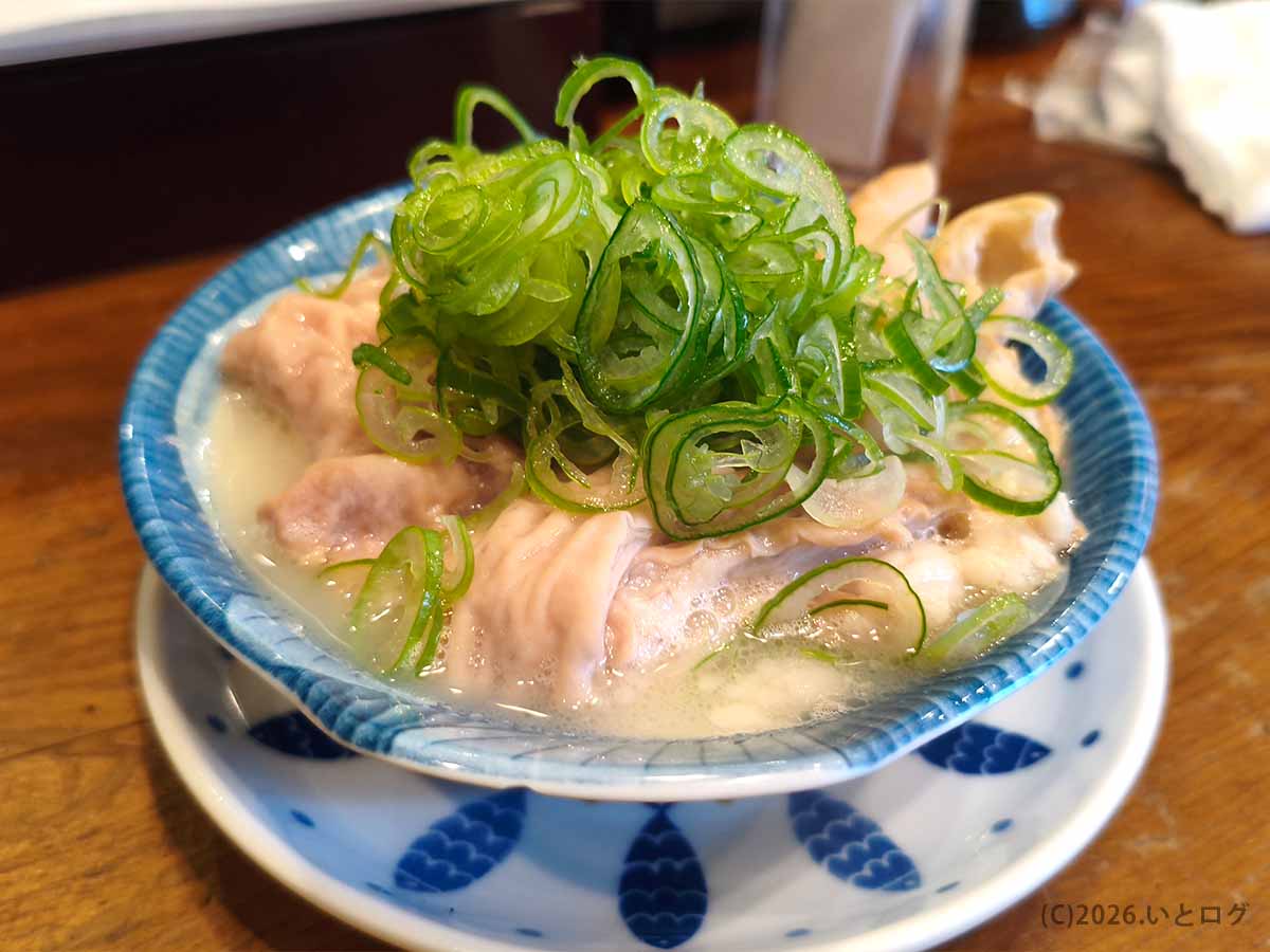 立川のもつ焼き処 美の田で提供された、やわらかなもつと刻みネギをたっぷり盛った煮込み