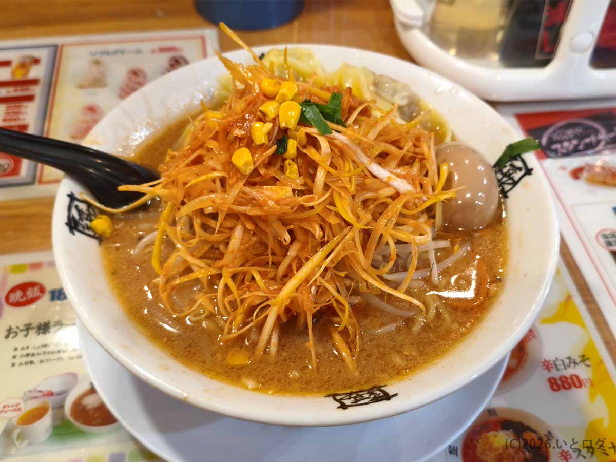 おおぎやラーメン更埴店で注文した辛ネギと味玉をのせた味噌ラーメン