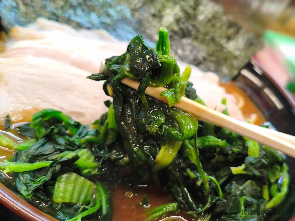 王道家 柏店の豚骨醤油スープをまとった、たっぷりのほうれん草