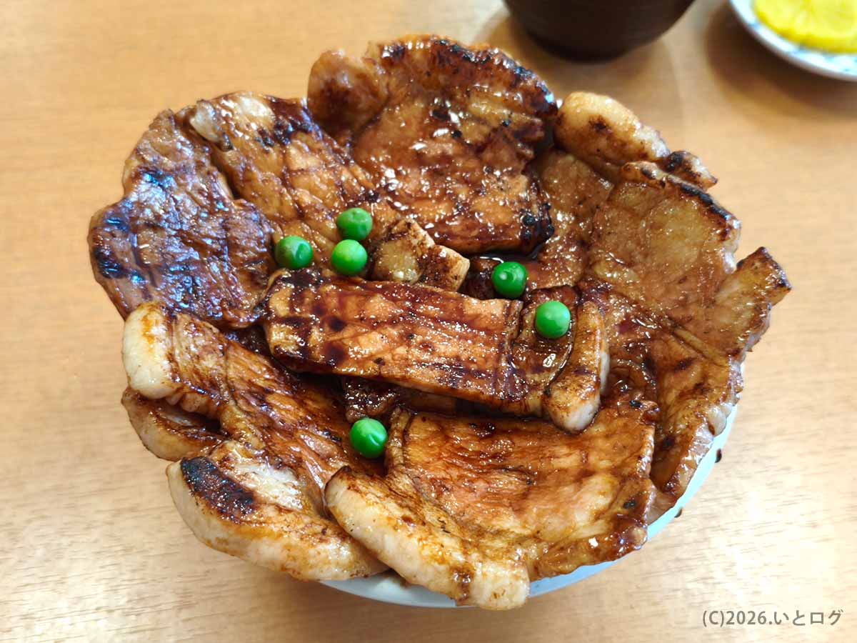 帯広の元祖豚丼のぱんちょうの豚丼を真上から撮影。タレで艶やかに焼き上げた大判の豚肉が丼を覆い、グリーンピースが彩りを添える。