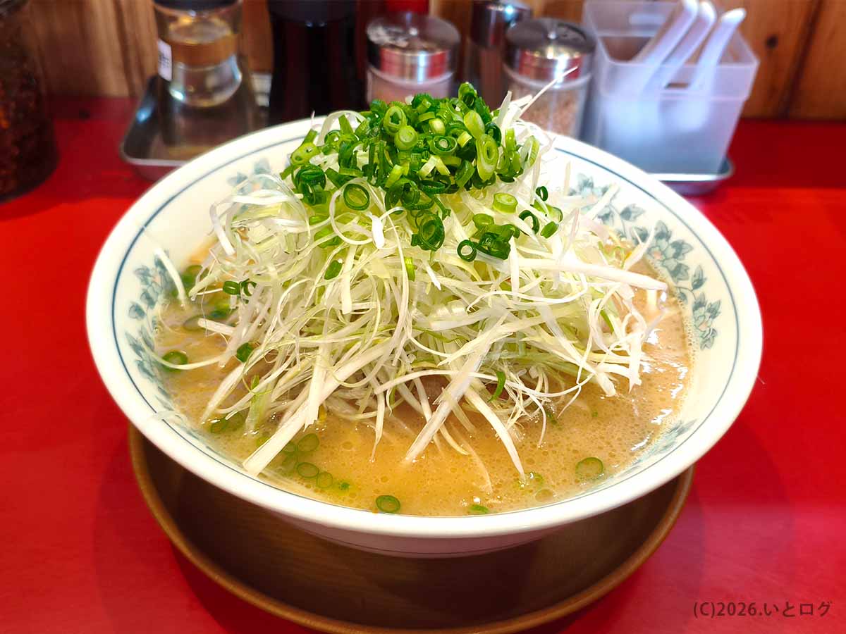 宮崎・都城のラーメンいってつで注文したねぎラーメン。豚骨スープの上に白髪ねぎと青ねぎがたっぷり盛られている