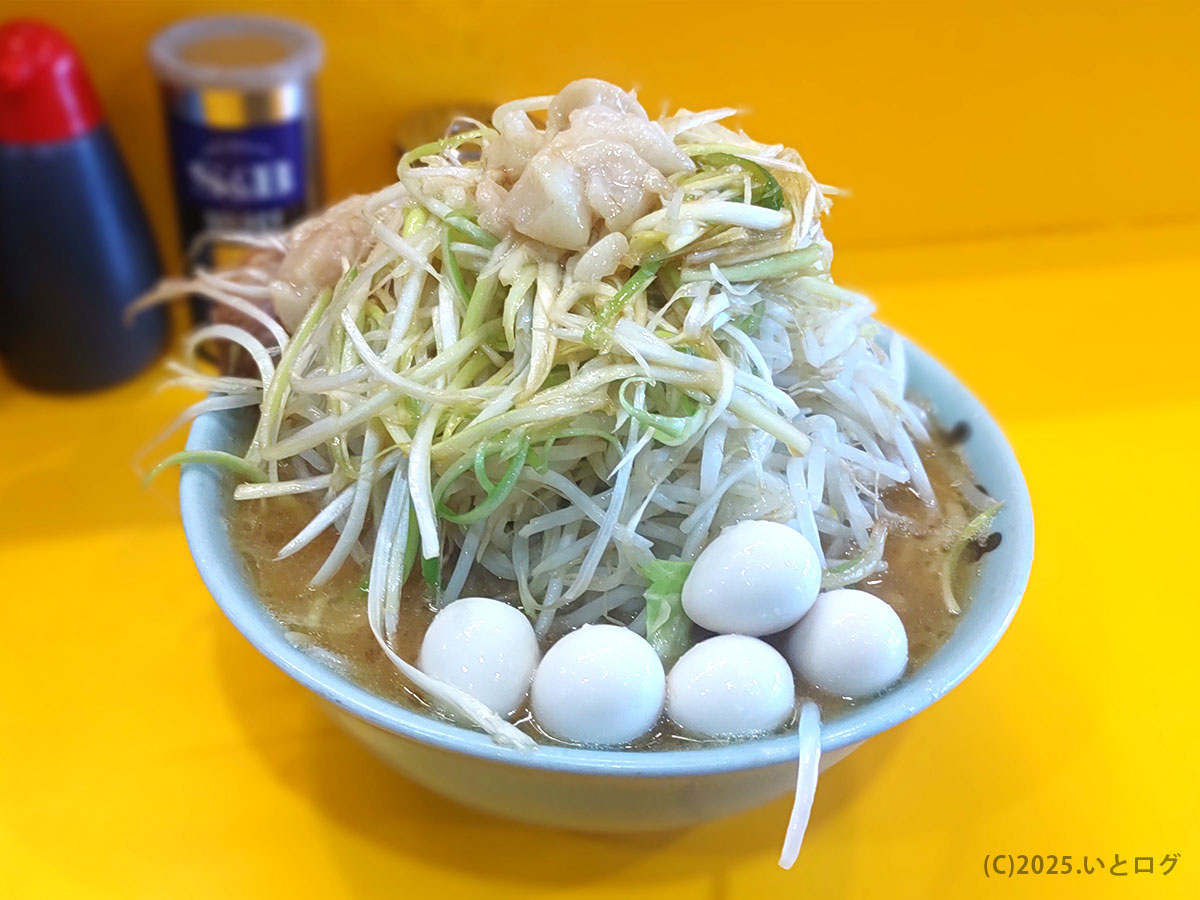ラーメン二郎 八王子野猿街道店2のつけ麺。たまごトッピングと山盛り野菜が特徴