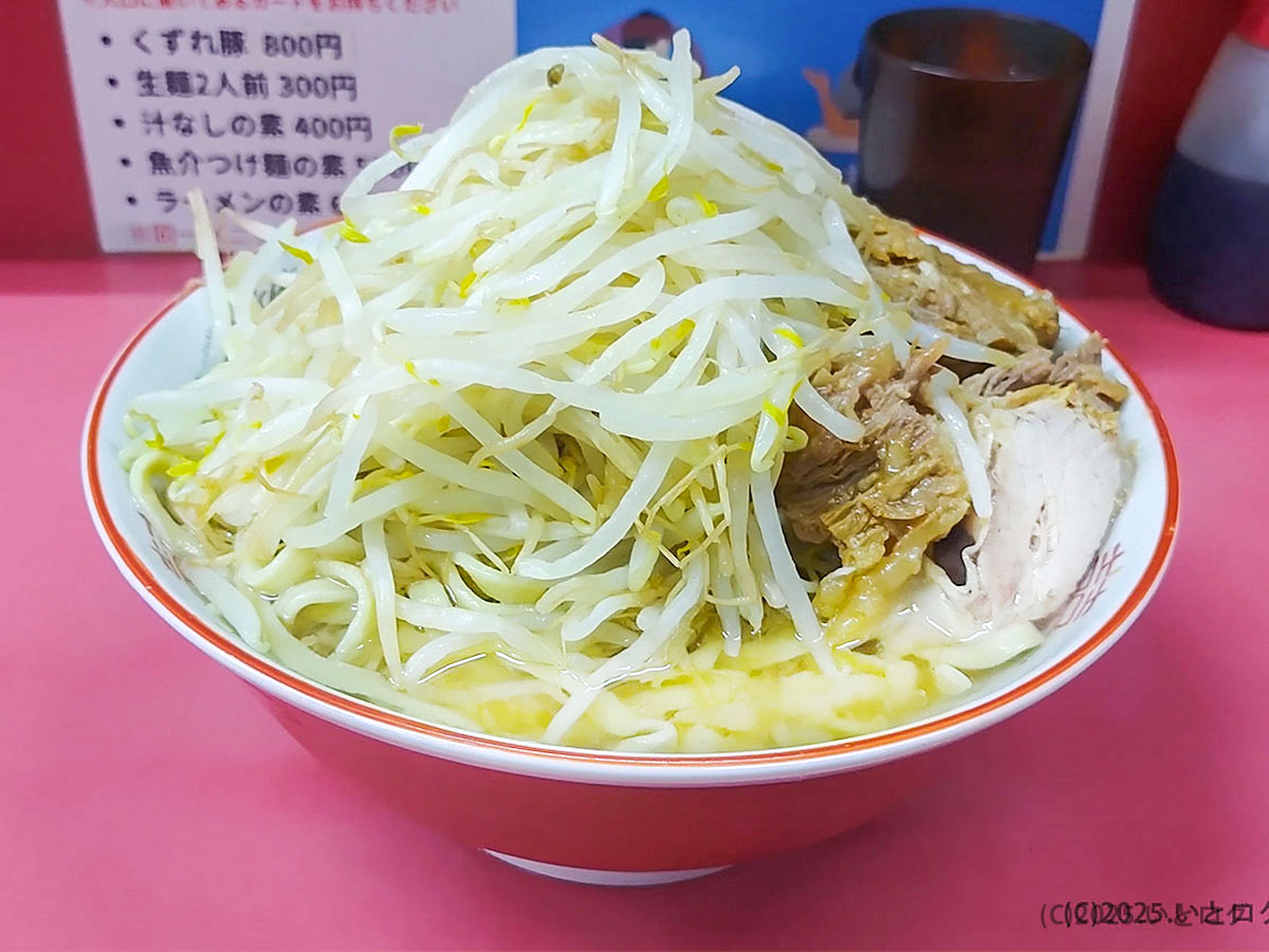 ラーメン二郎 小岩店の小ラーメン。標高のあるヤサイと豚が特徴で、コール内容や量感、小岩二郎のスタイルがよく伝わるメインカット。