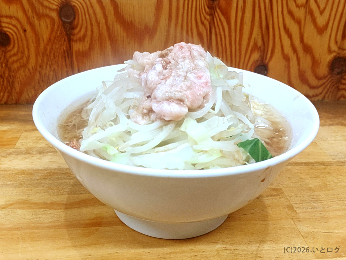 ラーメン二郎 前橋千代田町店のラーメン全体像。野菜とアブラがそびえる一杯